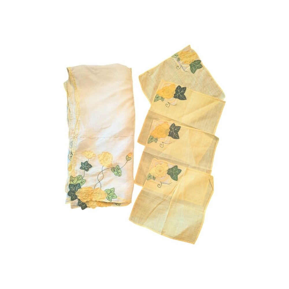Vintage Yellow Floral Embroidered Linen Napkins &‎ Tablecloth Set cottage summer